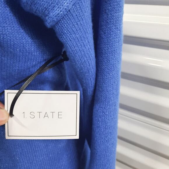 1.State Sweater Women's Medium Blue Turtleneck Cold Shoulder Pullover Cozy Top - Picture 7 of 9